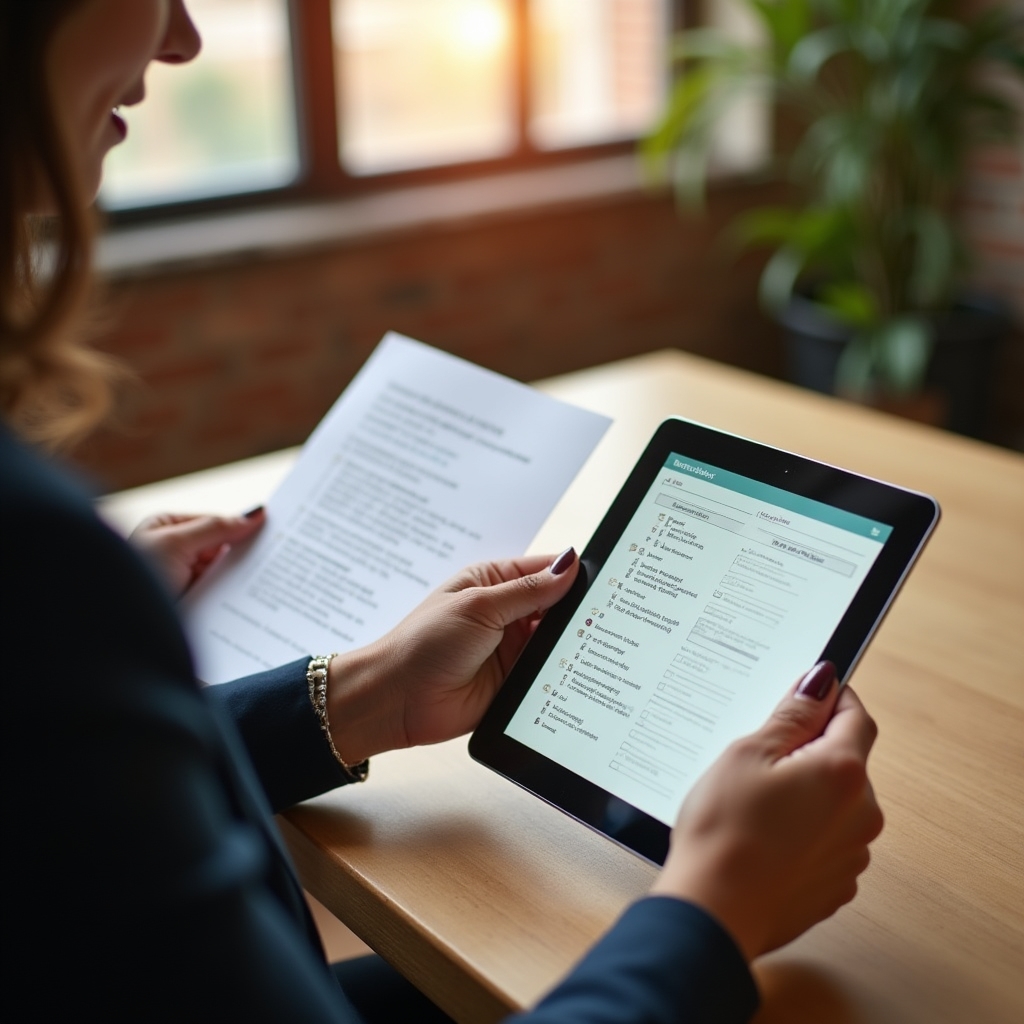 Person vergleicht ausgedruckte Kursvorlagen mit einer digitalen Version auf einem Tablet